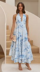Kathy Halter Neck Maxi Dress - Blue Floral