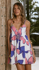 Maisie Eyelet Mini Dress - Botanic Blue/Pink Print