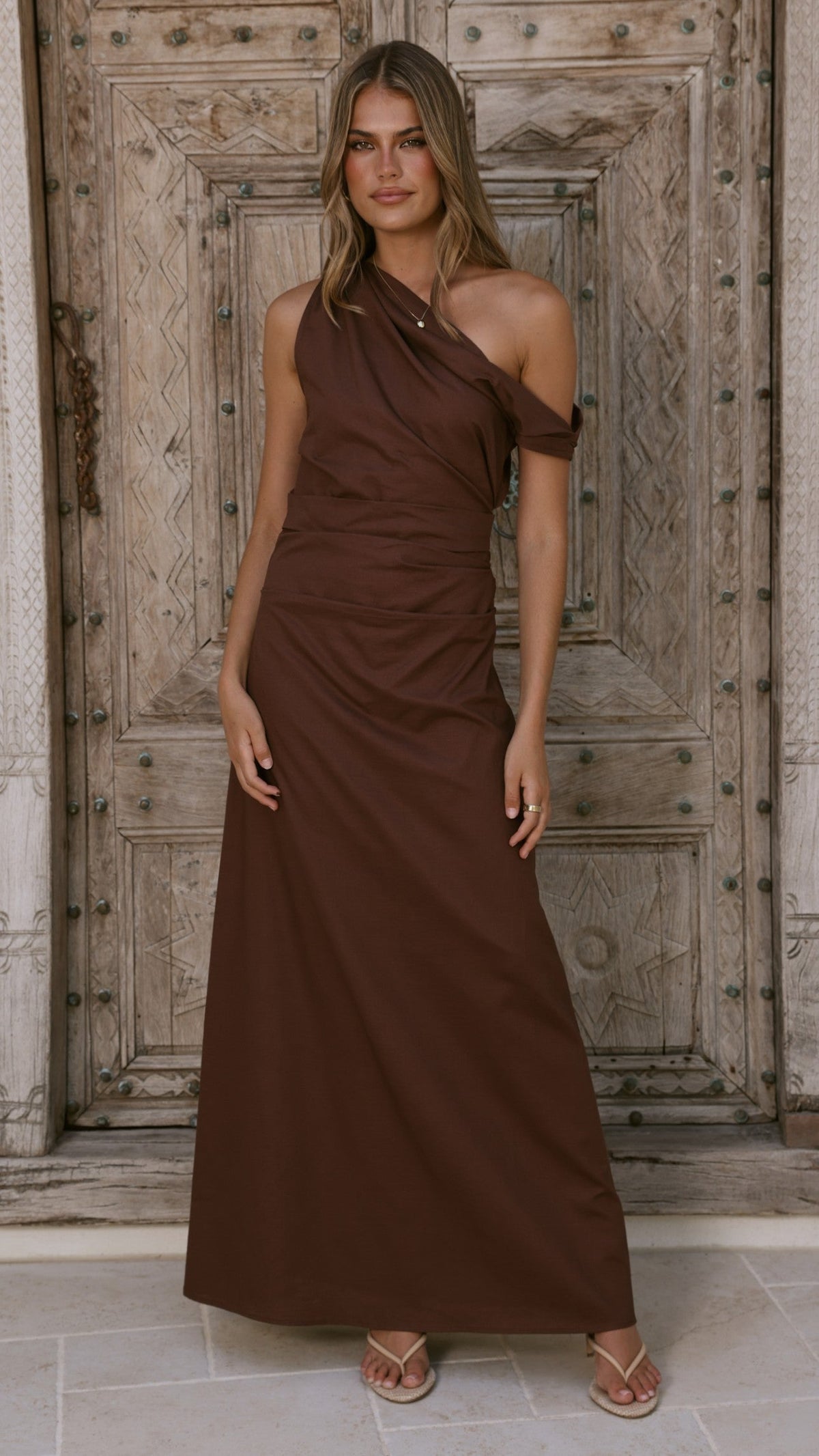 Larissa One Shoulder Maxi Dress - Brown