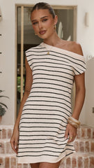 Robin Off Shoulder Mini Dress - Cream/Black Stripe