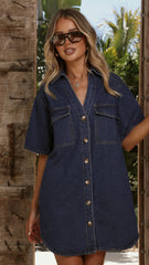 Maliha Button Up Mini Dress - Dark Denim