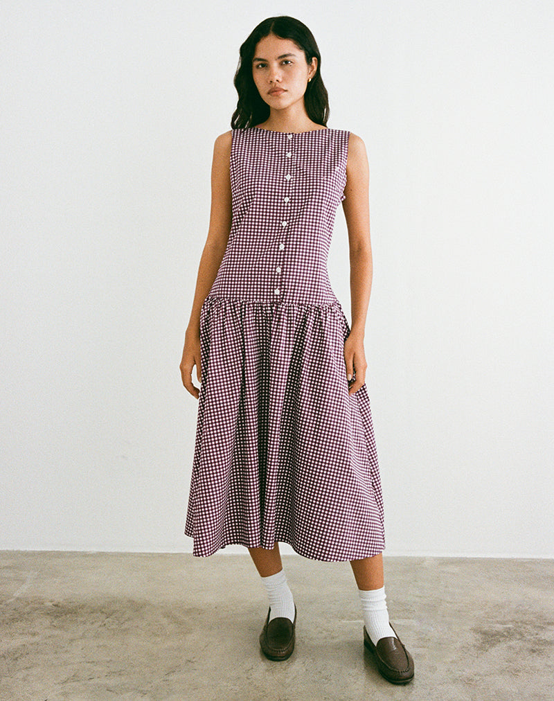 Miriam Midi Dress in Mini Gingham Wine