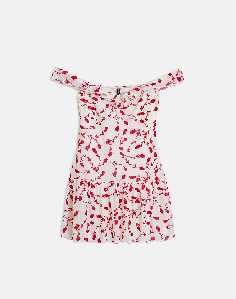 Switaria Mini Dress in Cream with Red Leafy Lily Flock