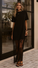 Adora T-Shirt Maxi Dress - Black Lace