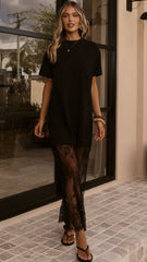 Adora T-Shirt Maxi Dress - Black Lace
